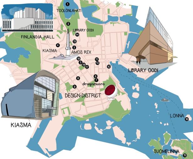 Eine illustrierte Karte von Helsinki, die Sehenswürdigkeiten wie die Finlandia Hall und die Library Oodi zeigt.