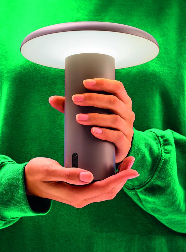 Eine Person hält eine pilzförmige Lampe in den Händen.