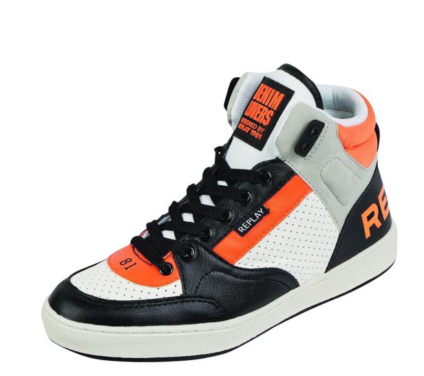 Ein Replay-High-Top-Sneaker in Schwarz, Weiß, Grau und Orange.