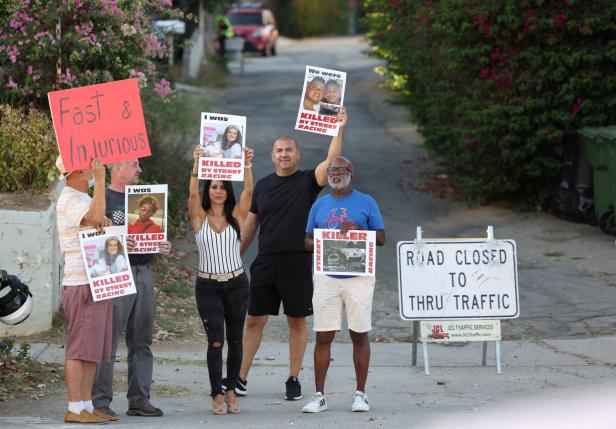 Community members protest by the film set for Fast & Furious 10 in the Angelino Heights neighborhood of Los Angeles