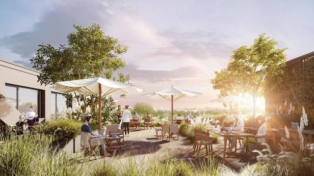 Menschen sitzen und arbeiten auf einer begrünten Dachterrasse mit Sonnenschirmen.