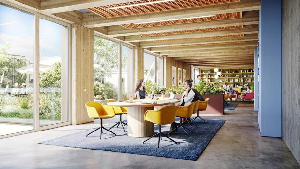 Zwei Frauen sitzen an einem Tisch in einem modernen Büro mit Holzbalkendecke.