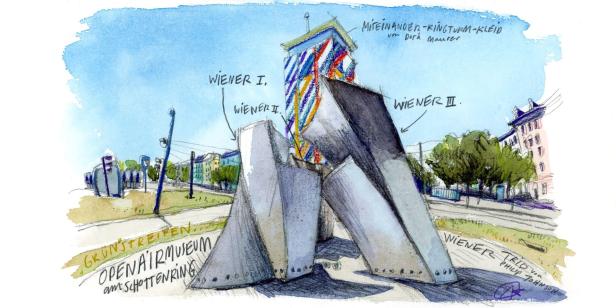 Eine Aquarellzeichnung des „Wiener Trio“ von Philip Johnson am Schottenring, mit dem Ringturm im Hintergrund.