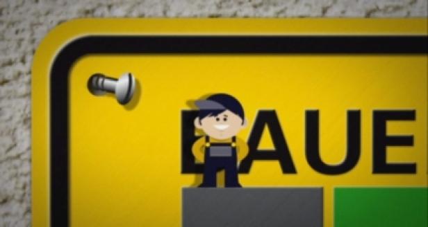 Eine gelbe Tafel mit der Aufschrift „BAUE“ und einer Cartoon-Figur eines Bauarbeiters.
