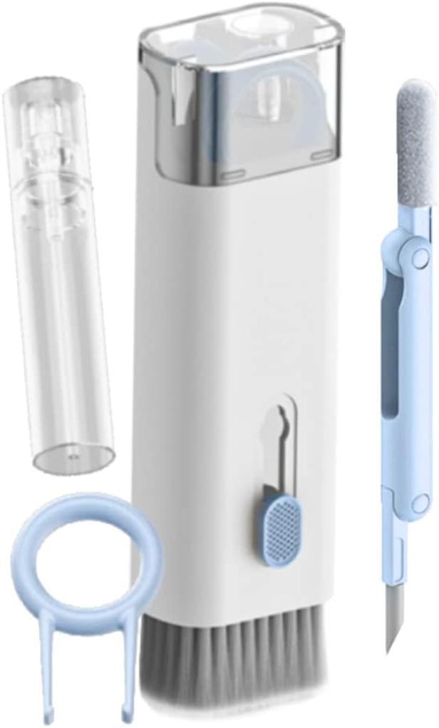 Ein Reinigungsset für elektronische Geräte mit Bürste, Sprühflasche, Tastenkappenabzieher und Reinigungsstift.