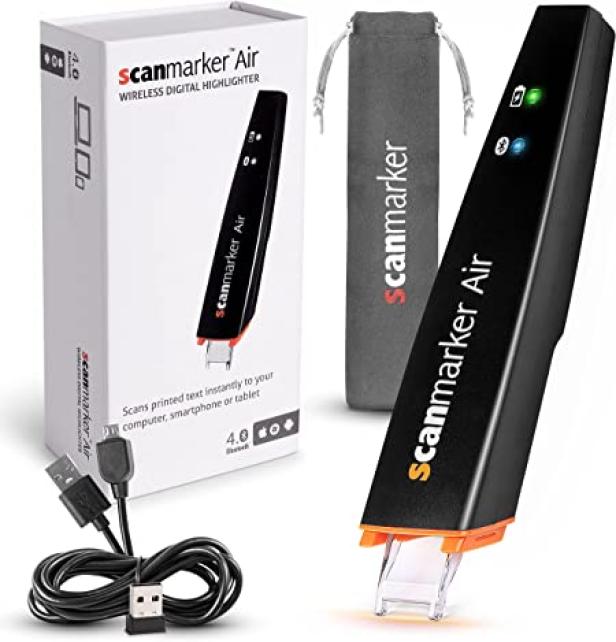 Ein Scanmarker Air, ein kabelloser, digitaler Textmarker, mit Zubehör und Verpackung.
