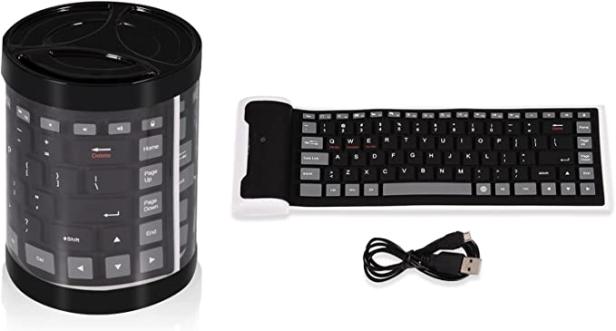Eine aufrollbare, schwarze Tastatur, ein USB-Kabel und eine zylindrische Aufbewahrungsbox.