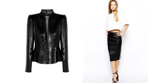 Eine schwarze Gucci-Lederjacke und ein Model mit einem weißen Oberteil und einem schwarzen Lederrock.