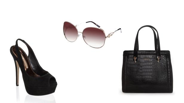 Ein schwarzer High Heel, eine Sonnenbrille und eine Handtasche sind auf weißem Grund zu sehen.