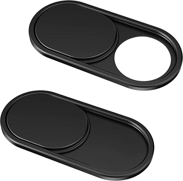 Zwei schwarze Webcam-Abdeckungen, eine offen und eine geschlossen.