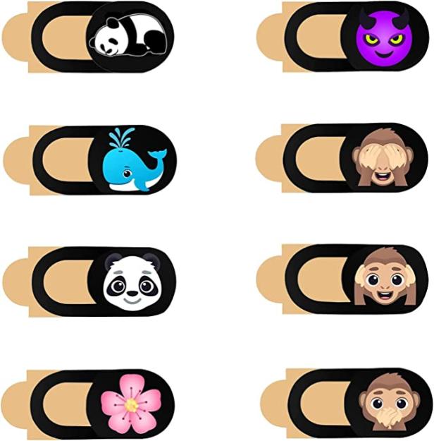 Mehrere Webcam-Abdeckungen mit verschiedenen Motiven, darunter Tiere und Emojis.