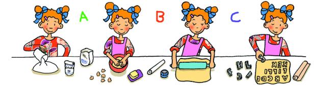 Eine Illustration, die ein Mädchen beim Backen von Keksen in verschiedenen Schritten zeigt.