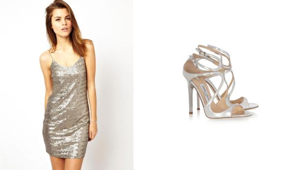 Eine Frau in einem Paillettenkleid und ein Paar silberne Jimmy Choo High Heels.