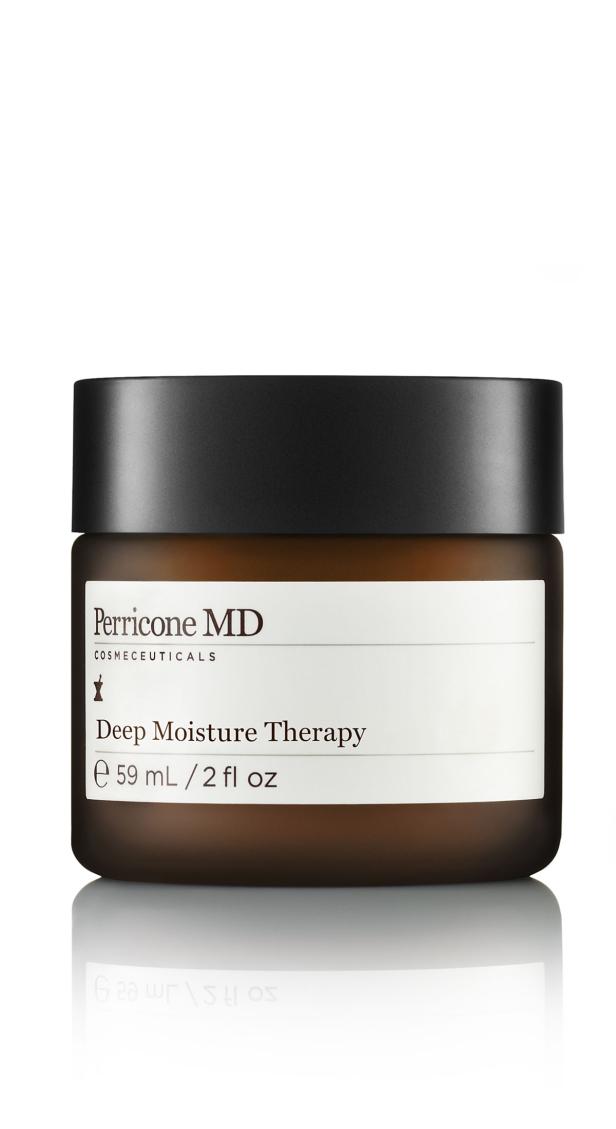 Ein Tiegel „Deep Moisture Therapy“ von Perricone MD mit schwarzem Deckel.
