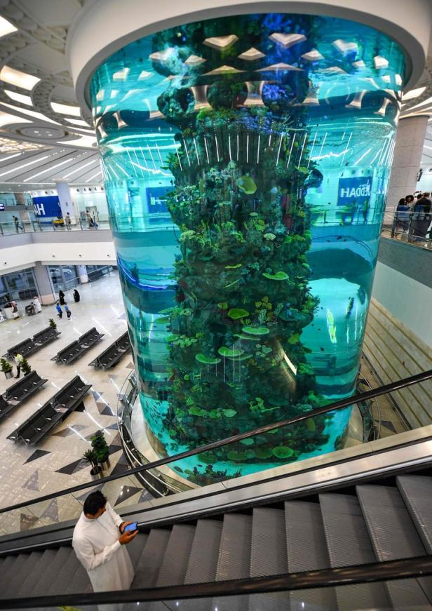Ein riesiges zylindrisches Aquarium mit Korallen und Fischen in einem modernen Gebäude.
