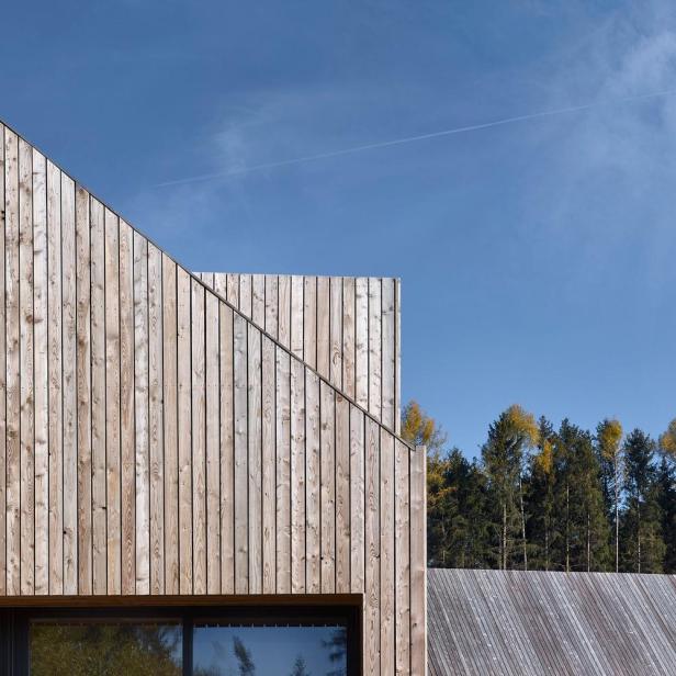 Die Fassade eines modernen Holzhauses vor einem blauen Himmel und Bäumen.