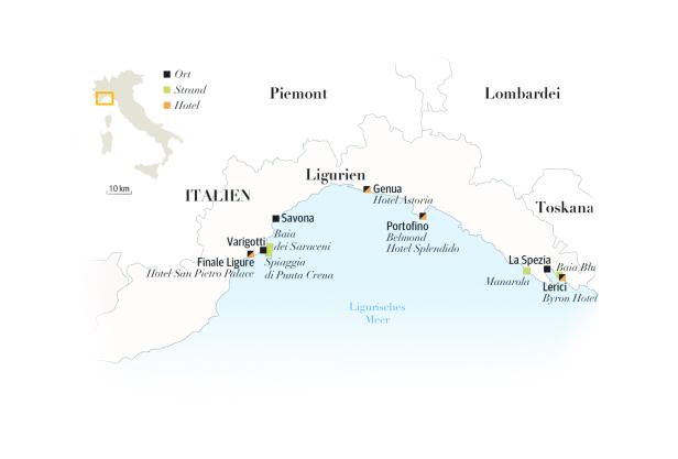 Eine Karte von Ligurien, Italien, mit hervorgehobenen Städten, Stränden und Hotels.