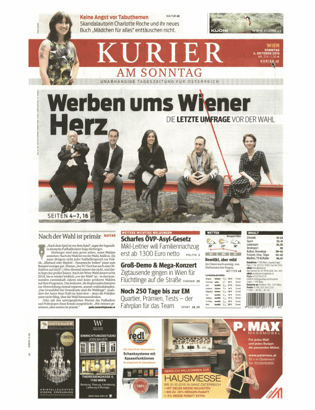 Titelseite des „Kurier am Sonntag“ vom 4. Oktober 2015.