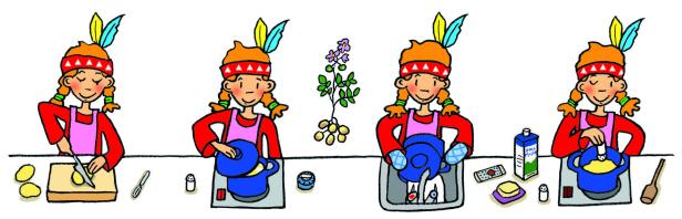 Eine Illustration, die ein Mädchen mit Indianerkopfschmuck beim Kartoffelkochen zeigt.