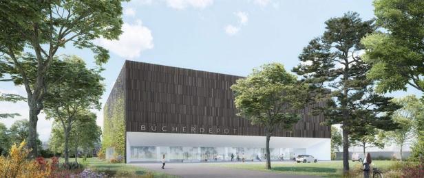 Das Bücherdepot, ein modernes Gebäude mit dunkler Fassade, umgeben von Bäumen und Grünflächen.