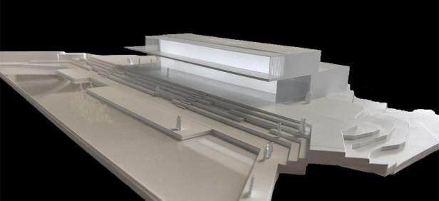 Ein Architekturmodell eines Waldcafés mit mehreren stilisierten Personen.