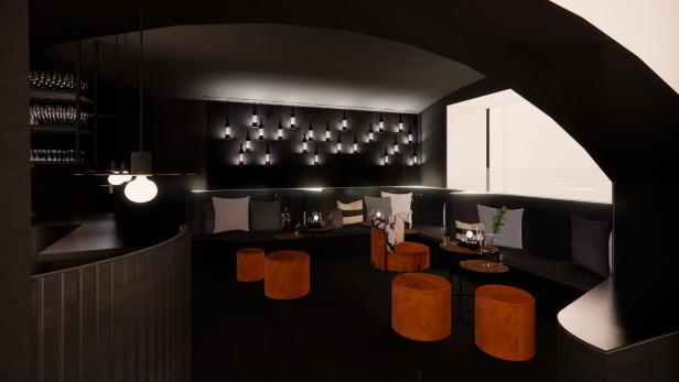 Innenansicht einer Bar mit dunkler Einrichtung und orangefarbenen Hockern.