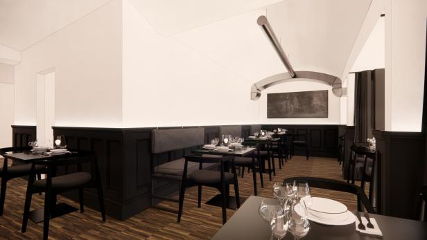 Innenansicht eines eleganten Restaurants mit gedeckten Tischen und dunkler Holzvertäfelung.