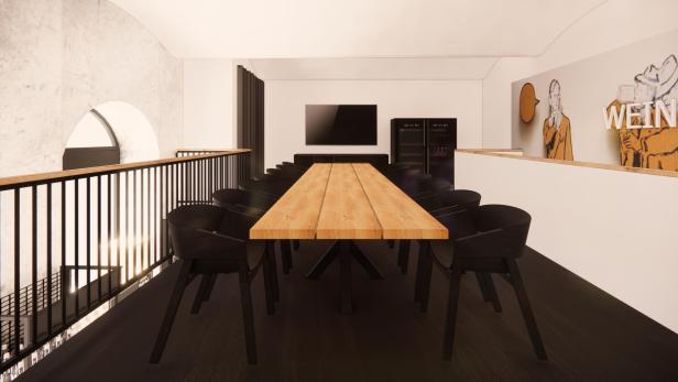 Ein langer Holztisch mit schwarzen Stühlen in einem modern gestalteten Raum.