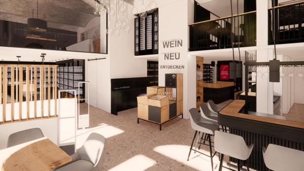 Innenansicht eines modernen Weinladens mit Regalen, einer Bar und dem Schriftzug „Wein neu entdecken“.