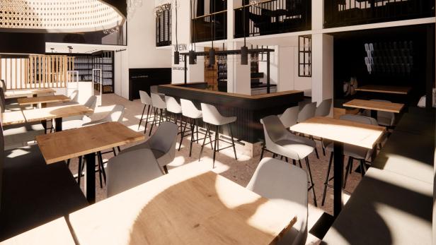 Innenansicht eines modernen Restaurants mit Tischen, Stühlen und einer Bar.