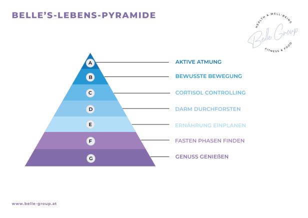 Eine Pyramide, die die „Belle's-Lebens-Pyramide“ mit verschiedenen Gesundheitsebenen darstellt.