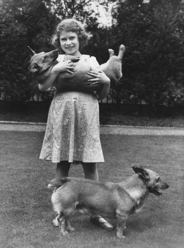 Eine junge Elizabeth hält zwei Corgis im Arm, während ein dritter zu ihren Füßen steht.