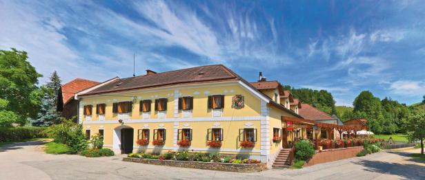 Ein gelbes Gasthaus mit braunen Fensterläden unter einem blauen Himmel mit Wolken.