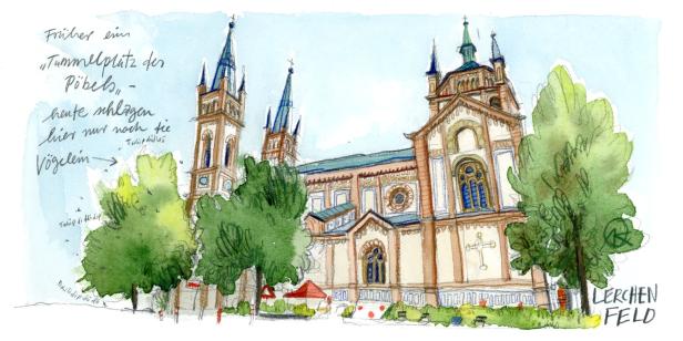Aquarellzeichnung einer Kirche im Lerchenfeld mit Bäumen im Vordergrund.