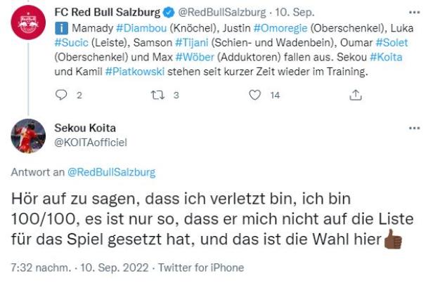 Ärger auf Twitter: Stürmer Sekou Koita legt sich mit Salzburg an