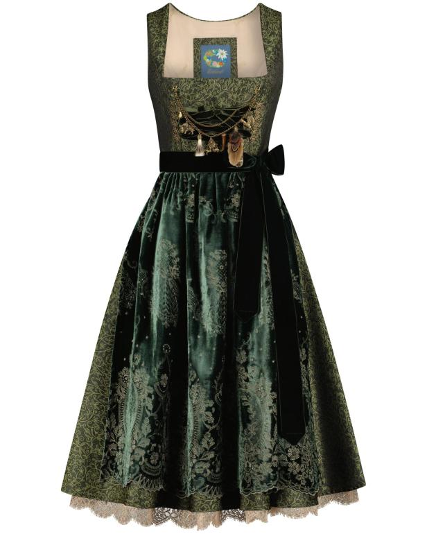 Ein grünes Dirndl mit Samtoberteil und floralen Stickereien.