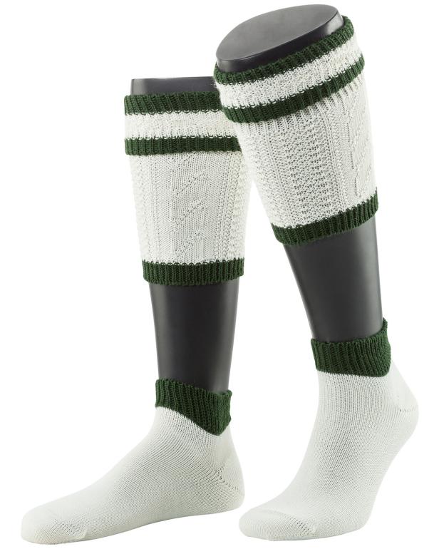 Weiße Socken und Stulpen mit dunkelgrünen Bündchen auf Schaufensterpuppen.