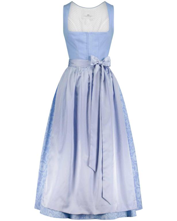 Ein hellblaues Dirndl mit Schleife und weiß gepunktetem Mieder.