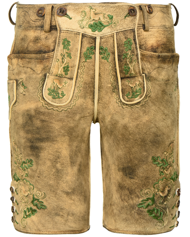 Eine kurze, hellbraune Lederhose mit grünen Stickereien im traditionellen Stil.