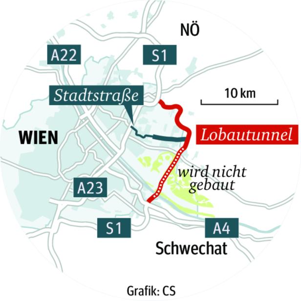 Die geplante Streckenführung von S1 und Lobau-Tunnel