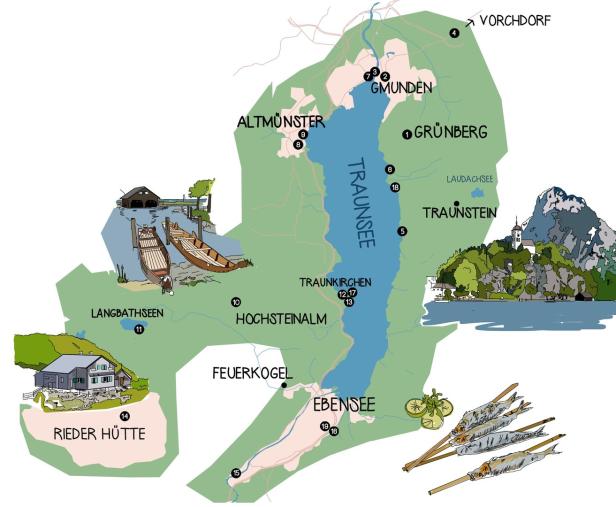 Eine illustrierte Karte der Region um den Traunsee in Österreich.