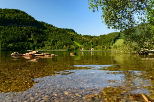 Ein ruhiger See umgeben von bewaldeten Hügeln an einem sonnigen Tag.