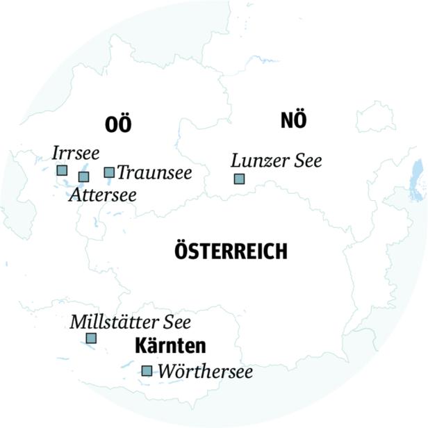 Eine Karte von Österreich mit den Standorten verschiedener Seen, darunter der Attersee und der Wörthersee.