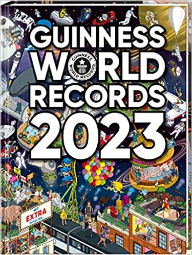 Das Cover des Guinness Buch der Rekorde 2023 mit vielen Illustrationen.