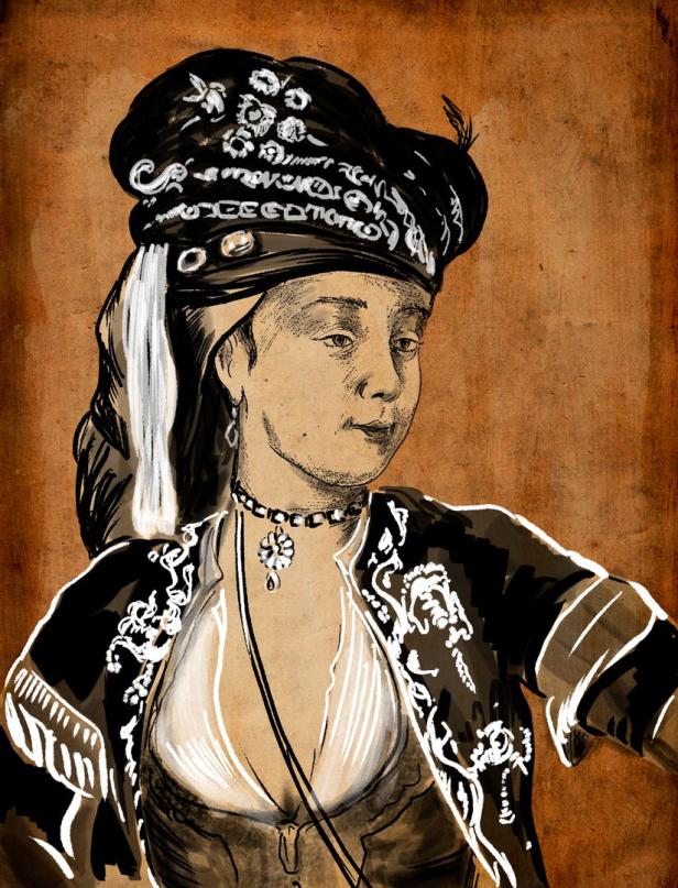 Eine stilisierte Illustration einer Frau mit einem verzierten Hut und Schmuck.