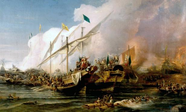 Ein Gemälde der Seeschlacht von Preveza mit vielen Schiffen und Menschen.