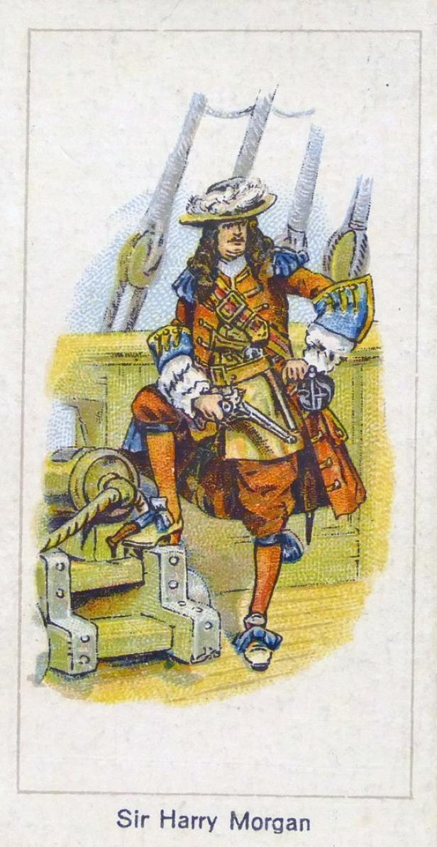 Sir Harry Morgan posiert mit einer Pistole auf einem Schiff neben einer Kanone.