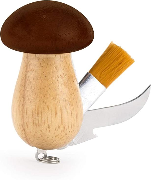 Ein Taschenmesser in Form eines Pilzes mit Bürste und Klinge.