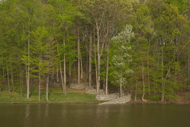 Ein ruhiger See umgeben von einem grünen Wald mit Steinmauern am Ufer.