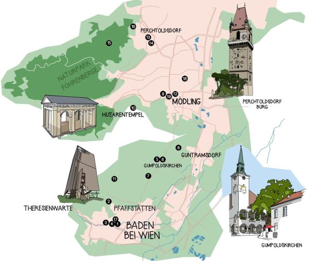 Eine Karte der Region südlich von Wien mit Sehenswürdigkeiten wie dem Husarentempel und der Burg Perchtoldsdorf.